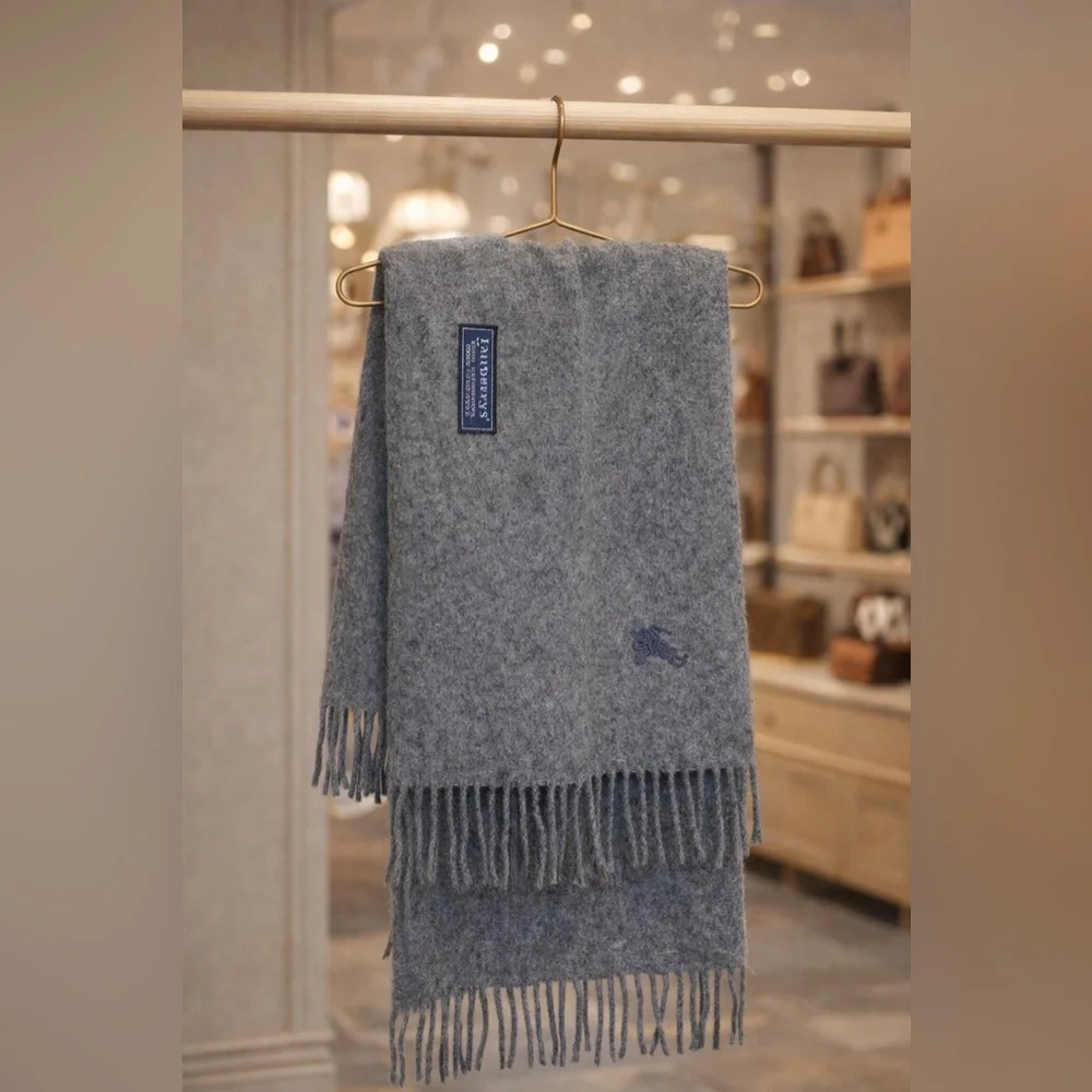 Burberrys Grey Fringe Wool Scarf with Embroidered Logo